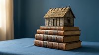 Miniature wooden house model sitting on stack of vintage leather-bound books against blue background. Real estate education and property investment concept.