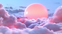 Dreamy pink sunset above fluffy clouds creating ethereal atmosphere with glowing sun and dramatic cloudscape in soft pastel colors, suitable for background designs.