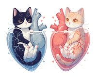 Cute anatomical heart illustrations with cats inside, black and white kitten in blue heart and ginger cat in pink heart, connected by small floating hearts.