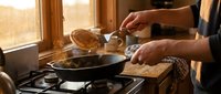 Chef adding grated cheese to pasta dish in skillet on stovetop, cooking preparation in warm kitchen with natural light from window.