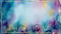Watercolor abstract background with soft blending of blue, purple, pink and yellow hues, featuring decorative floral elements and golden frame border for design projects.