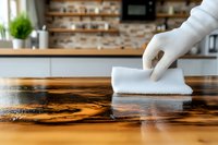 Hand in white glove cleaning wooden kitchen counter with cloth, maintaining hygiene and cleanliness in modern home interior with brick wall background.