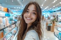 Young Caucasian woman with long brown hair and bright smile shopping in pharmacy or cosmetics store, standing among shelves with beauty products in modern retail interior.