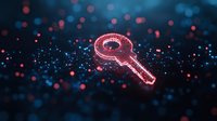 Glowing digital key symbol with red particles floating in dark space against blue bokeh background represents cybersecurity and data protection concept.