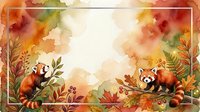 Watercolor autumn frame with two red pandas among fall foliage, warm orange and red tones, copy space in center for text or design.