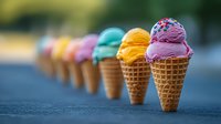 Colorful ice cream scoops in waffle cones arranged in row on dark surface. Vibrant frozen desserts with purple, orange, and mint flavors create summer treat lineup.