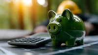 Green ceramic piggy bank with calculator on desk for financial planning and savings goals.