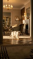 Elegant living room interior with white cat walking on geometric patterned floor, featuring chandelier, fireplace, and luxury furniture in warm lighting.
