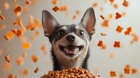 Happy Chihuahua dog with flying kibble food pieces against blurred background, smiling face expression and perked up ears, dynamic pet photography.