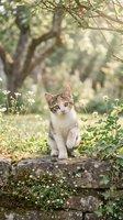 Young tabby and white kitten sitting on stone wall surrounded by wildflowers and green foliage in garden setting, ideal for pet, nature and lifestyle projects.