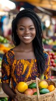 Young African woman with braids wearing bright traditional print dress holds basket of fresh produce at local market, radiating joy with genuine smile.