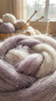 Soft purple and beige wool yarn twisted in coils with knitting needles and balls in background, cozy crafting atmosphere for handmade projects and textile art.