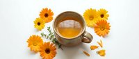 Herbal tea with calendula flowers arranged on white background, isolated for wellness and natural remedy design projects.