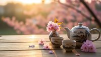 Traditional ceramic tea set with cherry blossoms on wooden table during golden hour sunset creating peaceful spring atmosphere for relaxation and mindfulness.