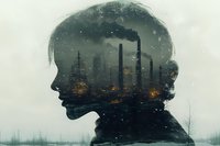 Double exposure silhouette of young male profile merged with industrial cityscape showing illuminated factory chimneys and urban pollution at dusk.