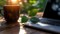 Morning coffee cup with green leaves on wooden desk next to laptop during sunrise, soft natural light creating cozy atmosphere for remote work and relaxation.