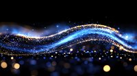 Magical glowing wave with sparkles and bokeh effects on black background. Blue and gold light streams flow with glitter particles creating ethereal motion.