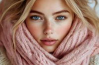 Young woman with striking blue eyes and blonde hair wrapped in soft pink knitted scarf, showing natural makeup and serene expression. Close up beauty portrait.