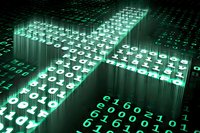 Glowing green binary code forming cross pattern on dark background with streaming digital data visualization effect for technology concepts.