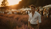 Young man in white shirt walking through lavender field at sunset with festival crowd in background. Golden hour atmosphere creates romantic mood.