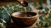 Golden honey dripping from wooden spoon into rustic wooden bowl, surrounded by fresh eucalyptus leaves on wooden surface, natural organic sweetener.