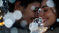 Young couple sharing intimate moment with bokeh lights creating romantic atmosphere for Valentine's Day celebration or wedding photography.