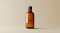 Amber glass medicine bottle isolated on beige background. Minimalist pharmaceutical container with vintage apothecary style and clean composition.