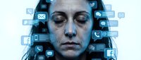 Stressed young woman surrounded by digital communication icons representing social media overload and technology burnout in modern society.