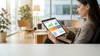 Professional businesswoman analyzing financial data and charts on tablet device in modern office environment for business planning and strategy development.