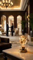 Vintage Edison bulb with exposed filament glowing on marble table in luxury hotel lobby, two businessmen shaking hands in background, elegant chandelier and arched doorways, warm ambient lighting for hospitality and business concepts.