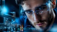 Young bearded scientist in protective glasses conducting research in modern laboratory with blue lighting and advanced equipment, focused on experimental work.