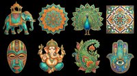 Ornate Indian and Hindu cultural design elements featuring decorated elephant, mandala patterns, peacock, tribal mask, Ganesha deity, floral motifs, and hamsa hand symbol isolated on transparent background for t-shirt design, clipart, stickers, and print-on-demand products.