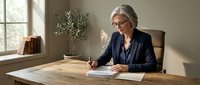 Professional mature Caucasian businesswoman with glasses writing documents at wooden desk in modern office with natural lighting and plant decor.
