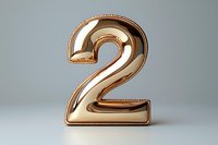 Metallic gold number two balloon on light gray background, glossy inflated digit with reflective surface for celebration and anniversary designs.