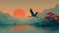 Serene mountain lake at sunset with flying crane bird, red autumn trees and misty peaks reflecting in calm water creating peaceful nature landscape scene.