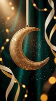 Golden ornate crescent moon pendant hanging against emerald green silk with bokeh lights, ribbons, and glitter for Ramadan or Eid celebration.