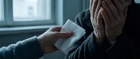 Elderly man covering face with hands while receiving a tissue, expressing grief, sadness, or emotional distress in a supportive moment.