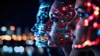 Multiple female profiles with digital matrix overlay effect against blurred city lights background, representing artificial intelligence and machine learning technology.