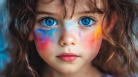 Young girl with bright blue eyes and colorful face paint in pink and orange hues, curly brown hair framing her face against blurred background, artistic portrait.