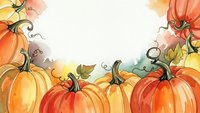 Watercolor autumn pumpkins border with orange and yellow gourds, fall harvest decoration for seasonal greeting cards and thanksgiving designs.