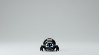Cute black robot with large round eyes and spider-like legs on white background, isolated design element suitable for technology, artificial intelligence, and children's educational materials.