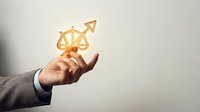 Male symbol with upward arrow glowing above businessman hand, representing growth, success, and advancement in professional development and career progression.