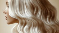 Profile view of woman with luxurious blonde wavy hair against neutral beige background, showcasing professional salon styling for hair care advertising.