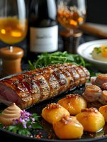 Glazed duck breast with caramelized baby potatoes on dark plate, served with herbs and sauce. Fine dining restaurant dish with wine pairing and elegant presentation.