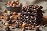 Dark chocolate bars stacked with hazelnuts and cocoa powder, surrounded by whole nuts and chocolate pieces on rustic wooden surface. Food photography.
