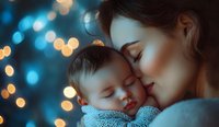 Tender moment of young mother embracing sleeping baby against blurred bokeh lights background, creating warm intimate atmosphere for family holiday cards.