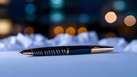 Elegant blue ballpoint pen on white paper with soft bokeh lights in background creates professional business atmosphere for office and writing concepts.