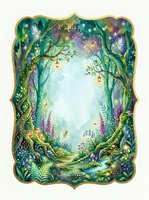 Enchanted forest frame with magical glowing lights, fairy tale woodland scene, mystical nature border with flowers and trees, fantasy garden illustration.