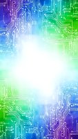 Abstract circuit board pattern with vibrant blue and green gradient background for technology and digital innovation concepts.