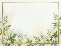 Elegant floral frame with white flowers and green leaves on cream background with gold border for wedding invitations and greeting cards.